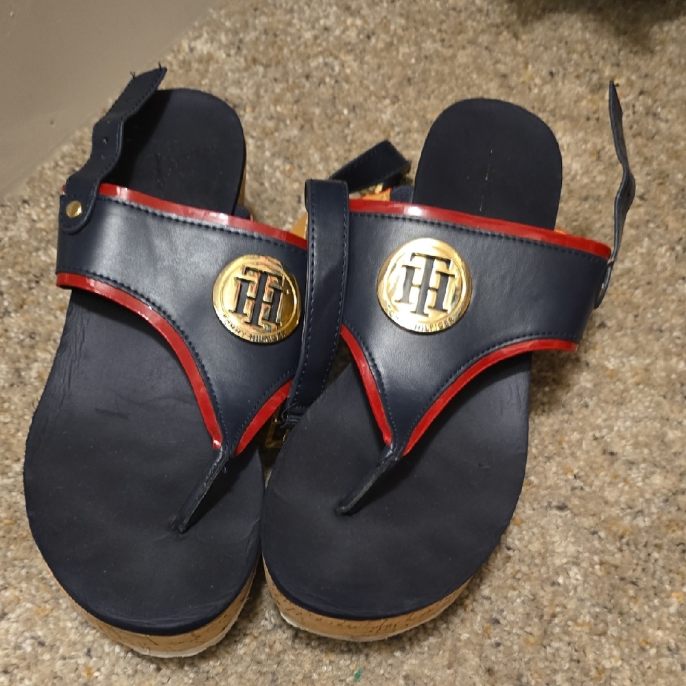 Tommy Hilfiger Black and Red Sandals with Gold Logo